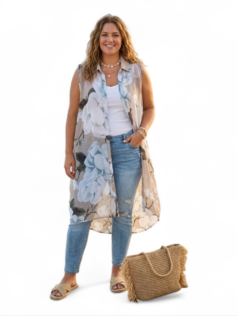 Nina Leonard Cream Taupe Floral Lace Duster Cover Up SZ 2X
